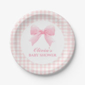 Rosa Schleife und Gingham-Preppy-Babyparty Pappteller (Vorderseite)