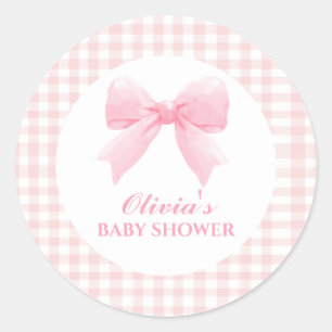 Rosa Schleife und Gingham-Preppy-Babyparty Runder Aufkleber