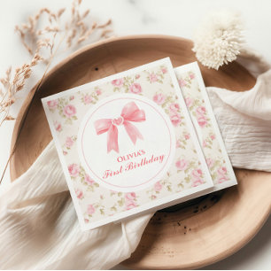 Rosa Schleife und Rosen Kokette 1. Geburtstag Serviette