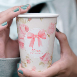 Rosa Schleife und Rosen preppy Babyparty Pappbecher