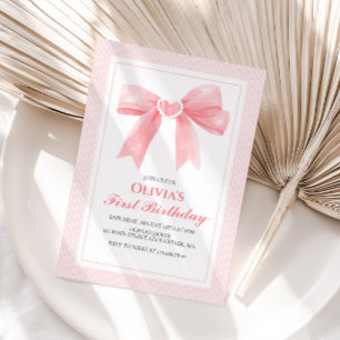 Rosa Schleife und Streifen Coquette 1. Geburtstag Einladung
