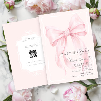 Rosa Schleife Watercolor Mädchen Baby Shower mit Q Einladung