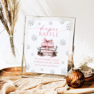 Rosa Schleife Winter Bücher Babyparty Windel-Raffl Poster