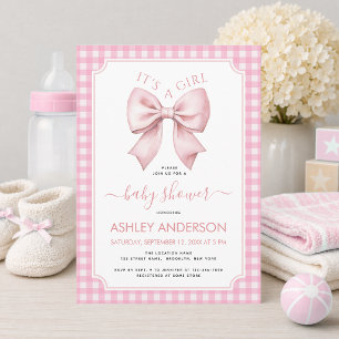 Rosa Schleifen-Baby-Party im Karo-Kleid Es ist ein Einladung