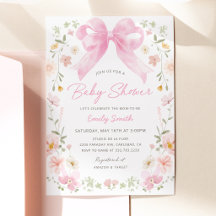 Rosa Schleifen-Blumen-Baby-Shower-Einladung