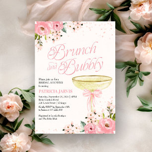 Rosa Schleifen Blumen Brunch und Sprudel Brautpart Einladung