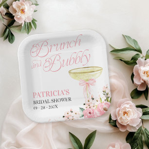 Rosa Schleifen Blumen Brunch und Sprudel Brautpart Pappteller