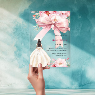 Rosa Schleifen-Blumenclear-Kleid Sweet 16 Acryleinladungen