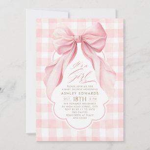 Rosa Schleifen-Blush-Gingham-Elegante Mädchen-Baby Einladung