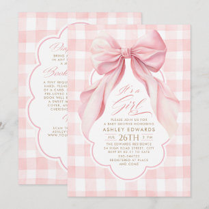 Rosa Schleifen-Blush-Gingham-Mädchen-Baby-Party-Al Einladung