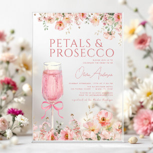Rosa Schleifen-Blütenblätter & Prosecco-Blush-Jung Acryleinladungen