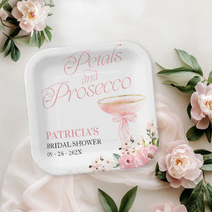 Rosa Schleifen-Blütenblätter und Prosecco-Brautjun Pappteller
