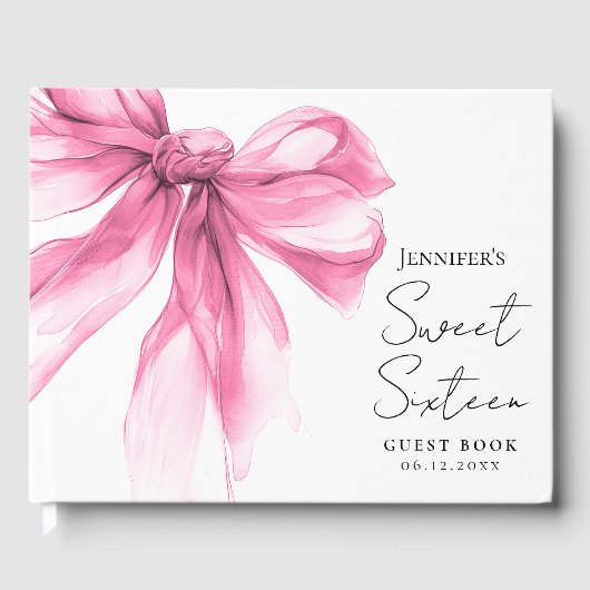 Rosa Schleifen-Coquette-Script Sweet 16 Party  Gästebuch (Vorderseite)
