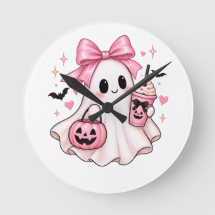 Rosa Schleifen-Geist Coquette Halloween Runde Wanduhr