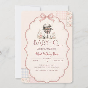 Rosa Schleifen-Gingham-Barbecue-Baby-Q-Baby-Shower Einladung