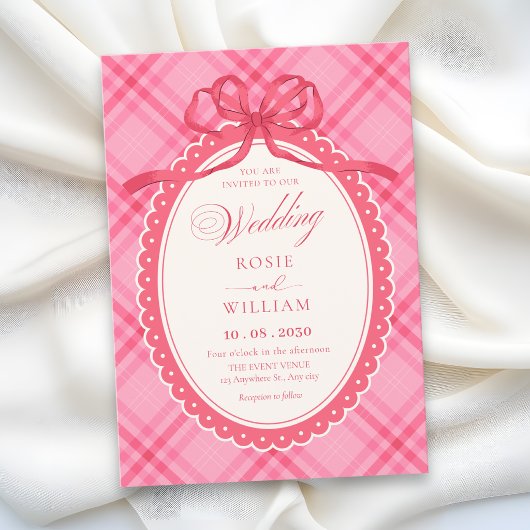 Rosa Schleifen-Gingham-Hochzeit Einladung
