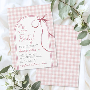 Rosa Schleifen-Gingham-Mädchen-Baby-Party Einladung