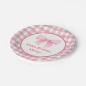 Rosa Schleifen-Gingham-Papierteller Pappteller (Schrägansicht)