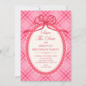 Rosa Schleifen-Gingham Save The Date (Vorderseite)