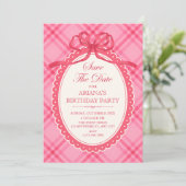 Rosa Schleifen-Gingham Save The Date (Stehend Vorderseite)