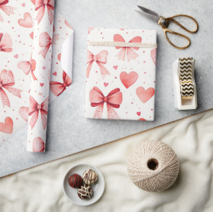 Rosa Schleifen & Herzen Wasserfarbe Romantischer V Geschenkpapier