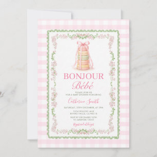 Rosa Schleifen-Macarons-Bonjour-Bébé-französische Einladung