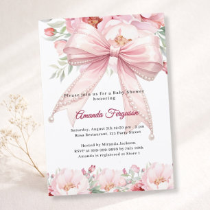 Rosa Schleifen-Perlen-Blumen Mädchen elegante Baby Einladung