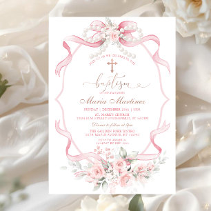 Rosa Schleifen-Perlen-Blumen-Taufe Einladung
