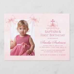 Rosa Schleifen Taufe und erster Geburtstag Mädchen Einladung