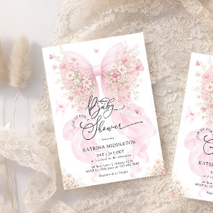Rosa Schleifen-Wildblumen-Schmetterling-Baby-Party Einladung