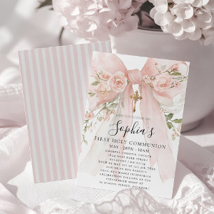 Rosa Schleifenrose Florales Mädchen Erste Kommunio Einladung