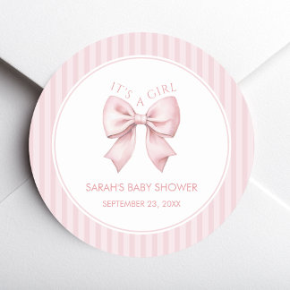 Rosa Schleifenstreifen Baby Shower Coquette It's a Runder Aufkleber