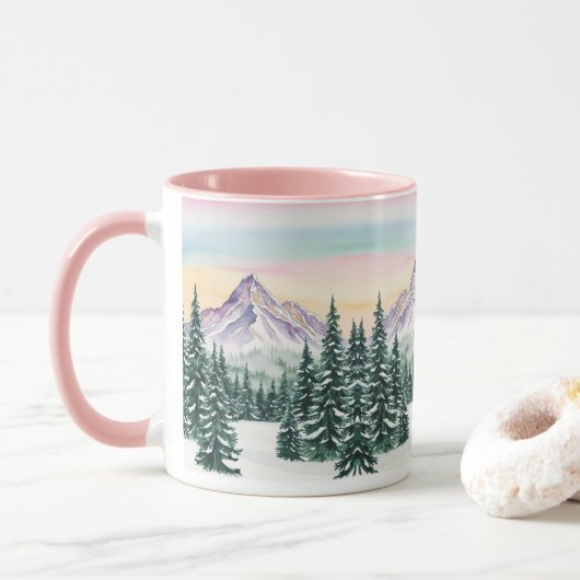 Rosa schlichte Moderne Weihnachtsschnee Aurora Tasse (Mit Donut)