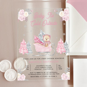 Rosa Schlitten Süßer Teddybär Baby Shower Acryleinladungen