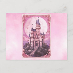 Rosa Schloss Vollmond Rosa Aquarell Halloween Feiertagspostkarte