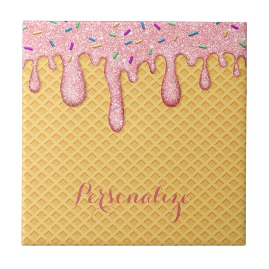 Rosa Schmelze Eiscreme Kone Süßigkeiten Nachtisch Fliese (Vorderseite)