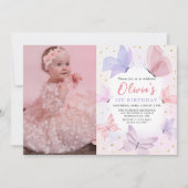 Rosa Schmetterling 1. Geburtstag Foto Einladung (Vorderseite)