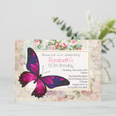 Rosa Schmetterling am Vintagen Geburtstag von Coll Einladung (Stehend Vorderseite)