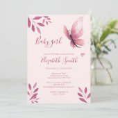 Rosa Schmetterling Babydusche Einladung (Stehend Vorderseite)