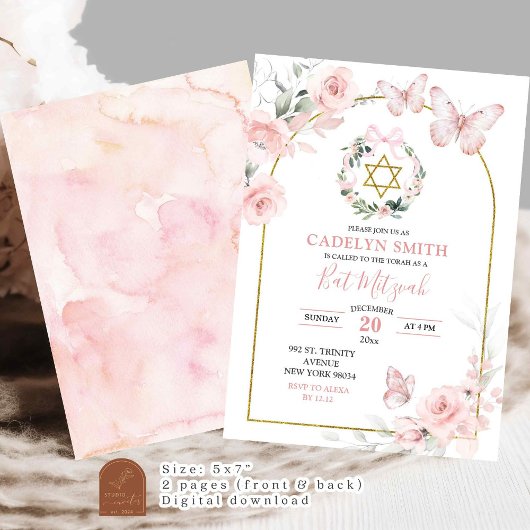 Rosa Schmetterling Bat Mitzvah Floral Einladung