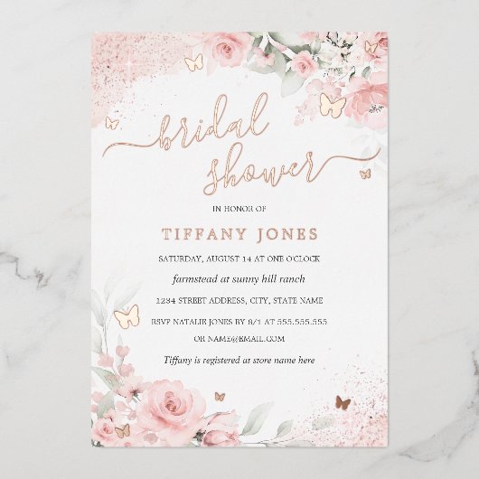 Rosa Schmetterling Blues Brautparty Folieneinladung (Vorderseite)