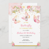 Rosa Schmetterling Einladung zum 1. Geburtstag (Vorne/Hinten)