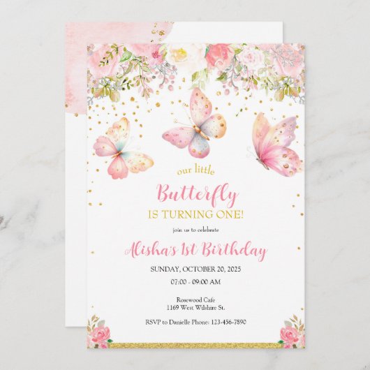 Rosa Schmetterling Einladung zum 1. Geburtstag (Vorne/Hinten)
