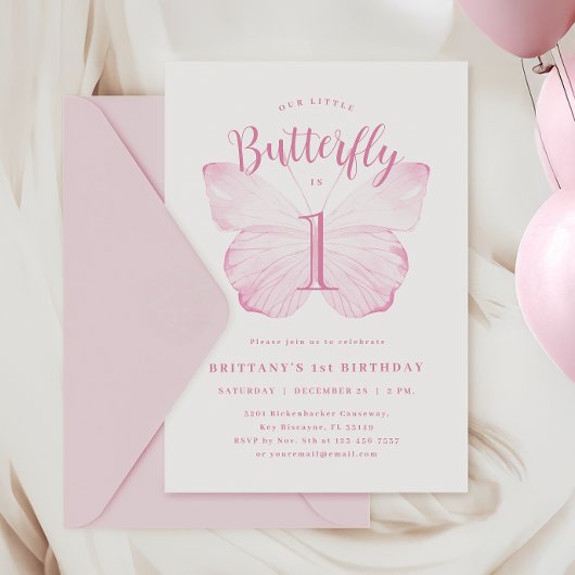 Rosa Schmetterling Einladung zum ersten Geburtstag