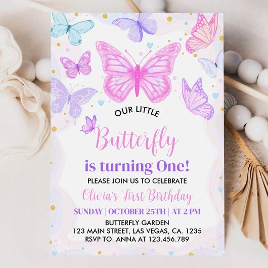 Rosa Schmetterling Einladung zum ersten Geburtstag