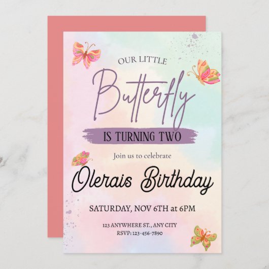 Rosa Schmetterling Geburtstag Einladung (Vorne/Hinten)