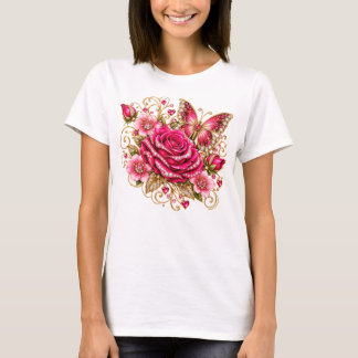 Rosa Schmetterling Glam Blumen T-Shirt