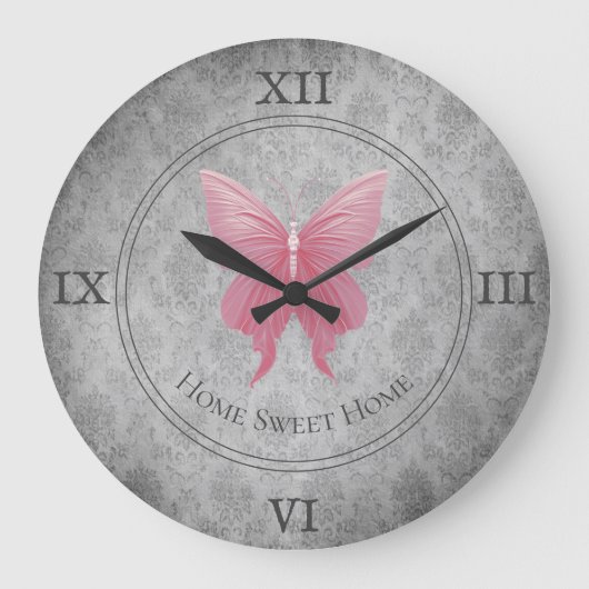 Rosa Schmetterling Große Wanduhr (Vorderseite)