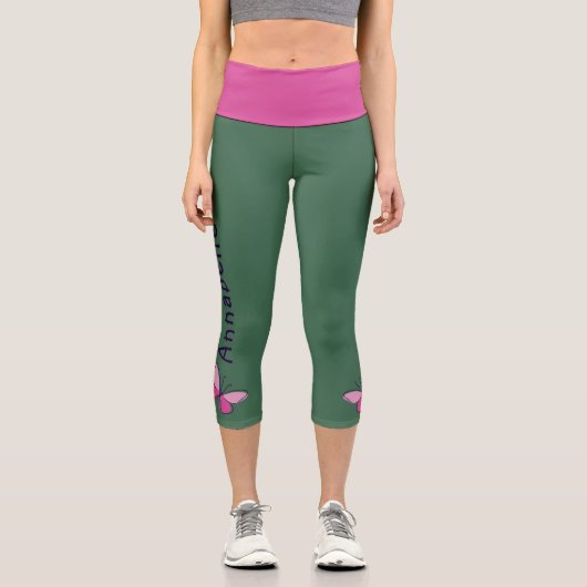 Rosa Schmetterling - Name - Grün Capri Leggings (Vorderseite)