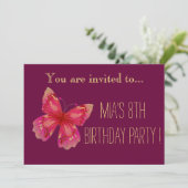 Rosa Schmetterling oder zwischen Geburtstagsparty Einladung (Stehend Vorderseite)